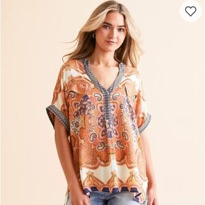 Daytrip Paisley V-Neck Tunic in Navy, Peach and Olive
